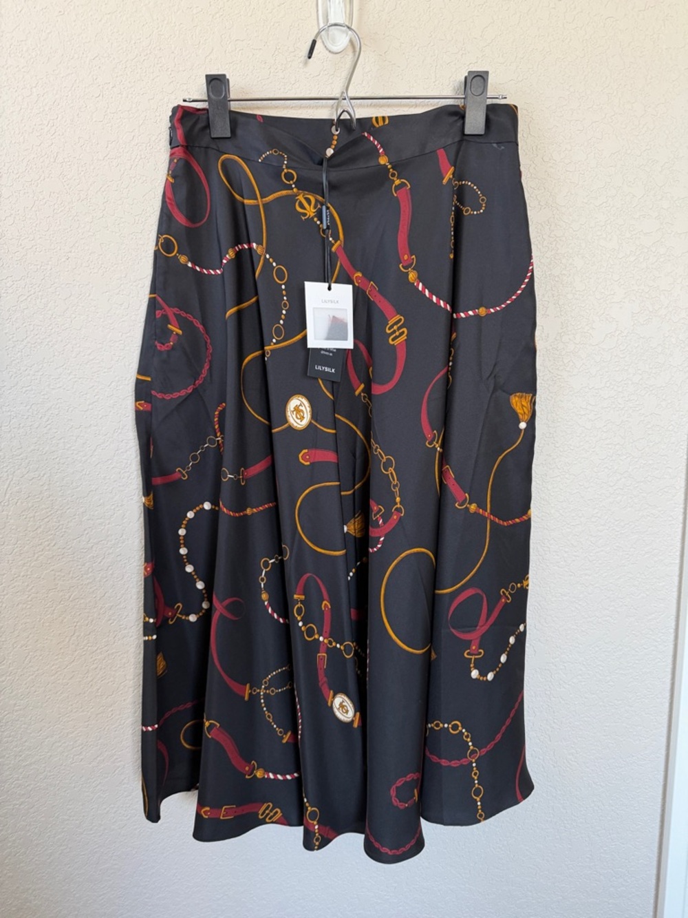 LilySilk  A-Line Midi Skirt with Burgundy & Gold Chain Print